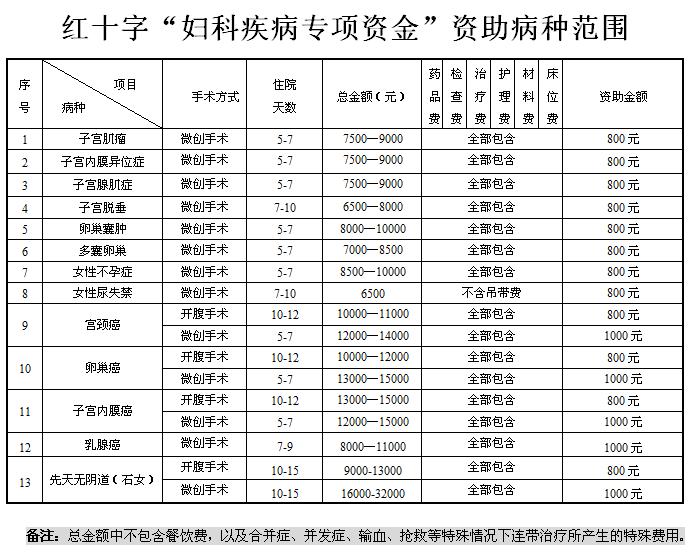 紅十字“婦科疾病專項資金”資助病種范圍